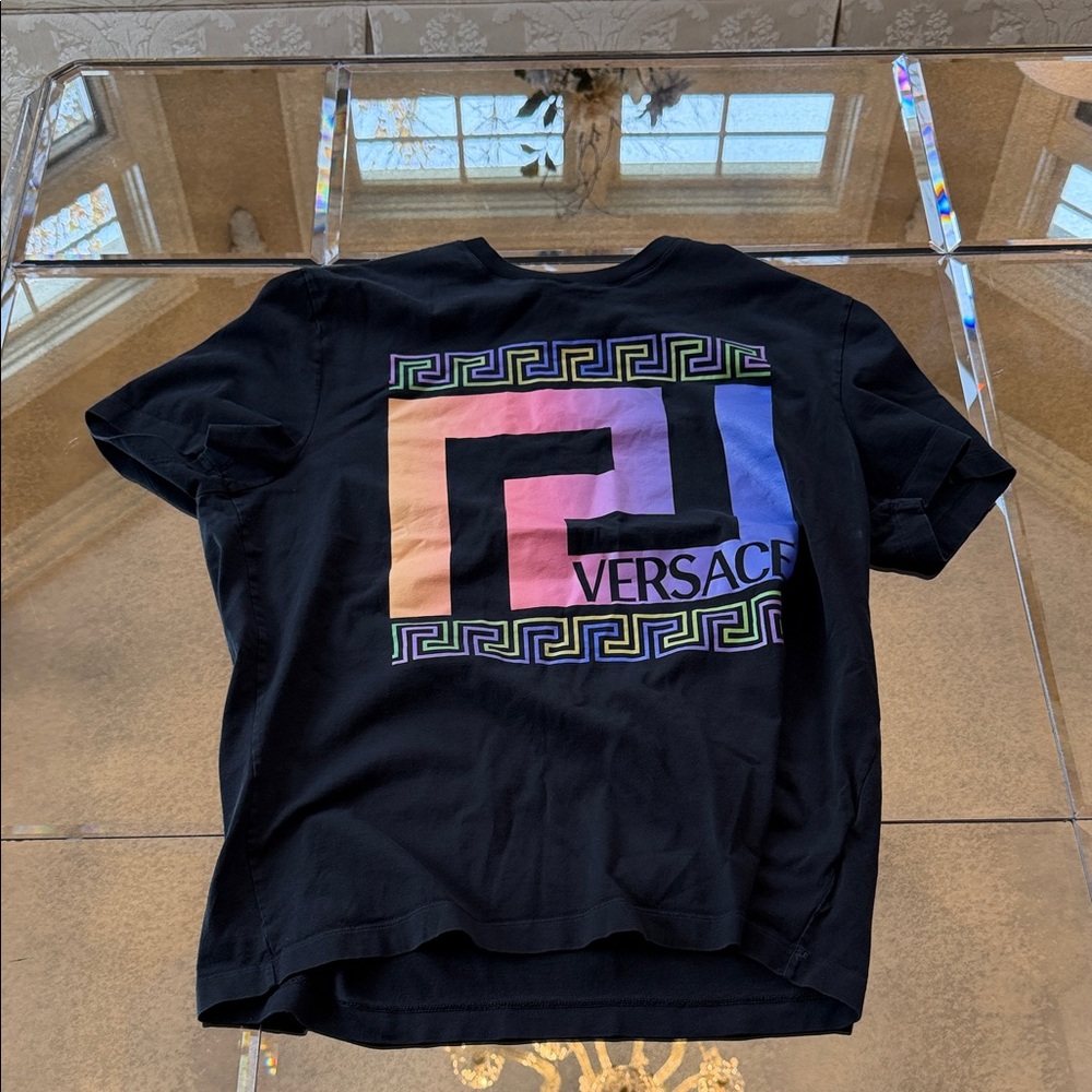 Versace Black Tee with Vibrant Geometric Pattern